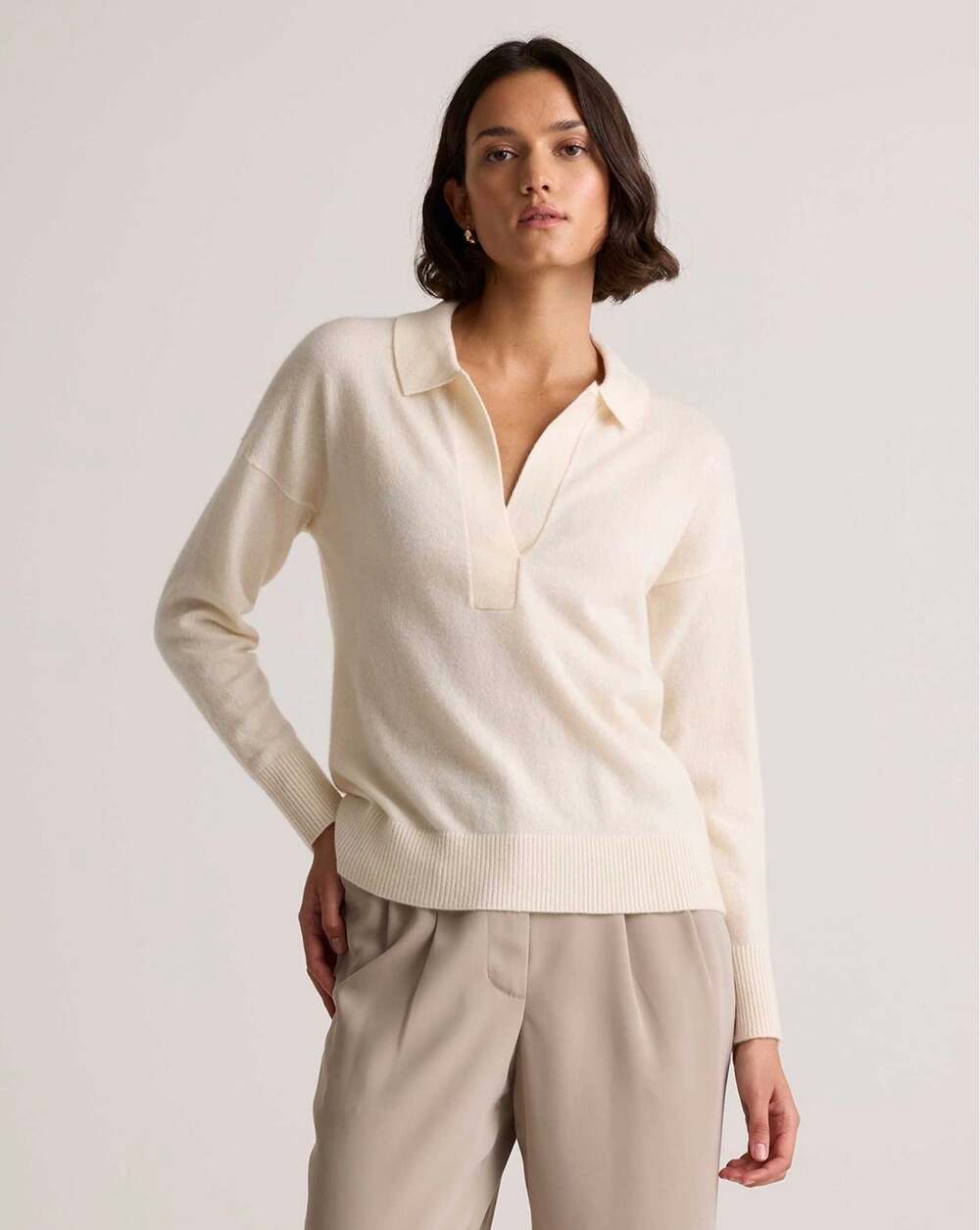 Quince Mongolian Cashmere Polo Sweater size M Ivory Cream Relaxed fit